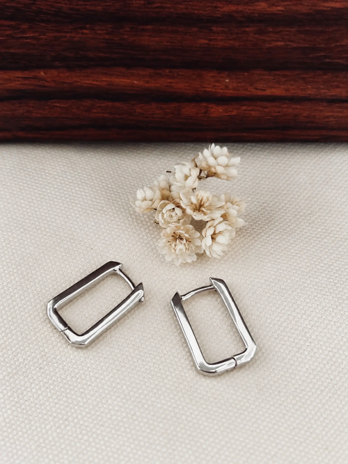 Boucles d'Oreilles Créoles Rectangle Mini Brune Argent
