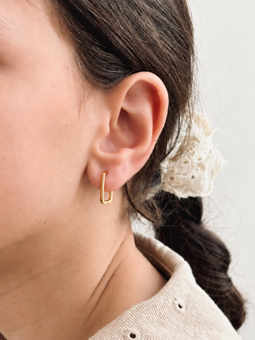 Boucles d'Oreilles Créoles Rectangle Brune Plaqué Or