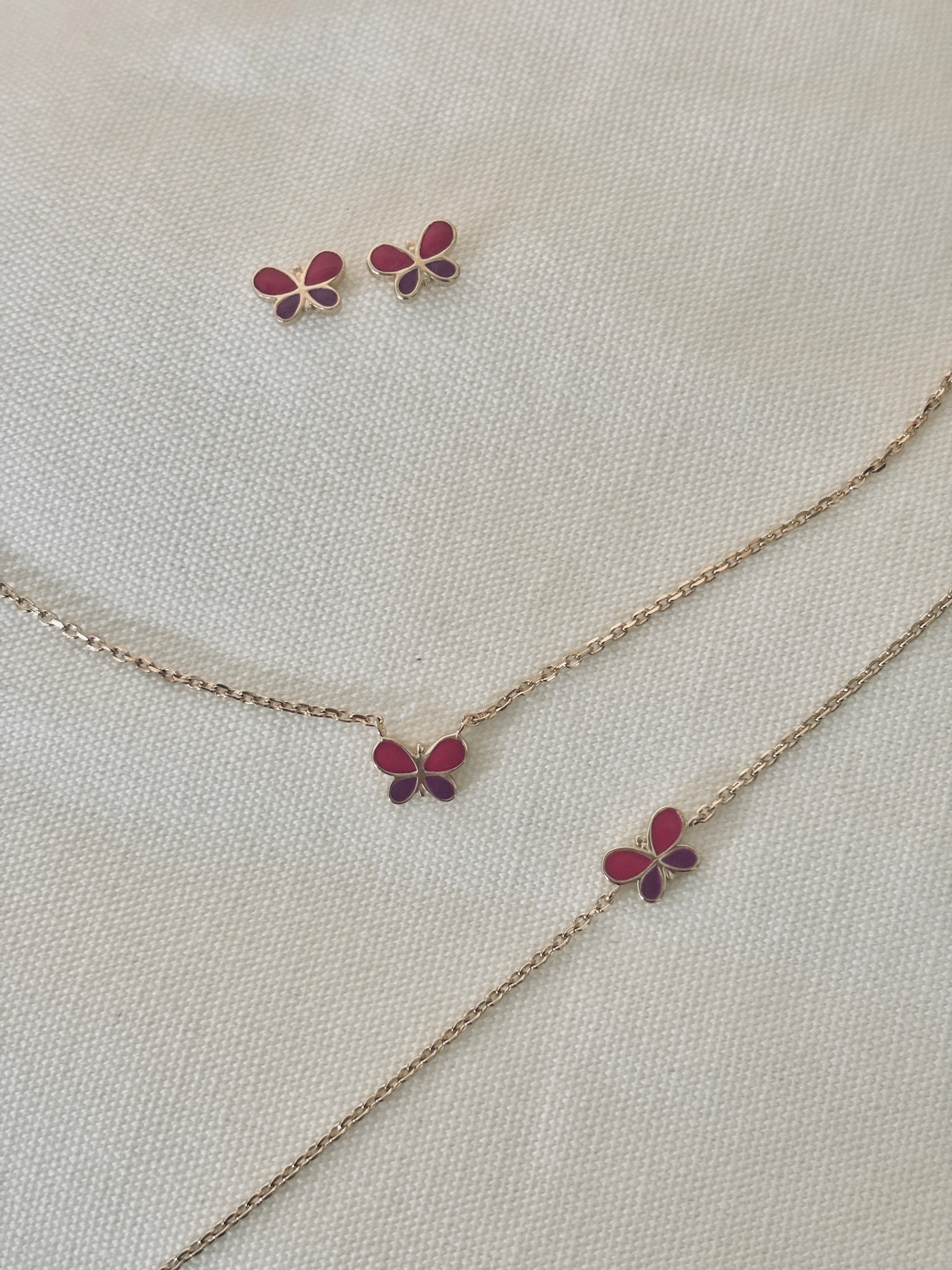 Boucles d'Oreilles Puces Papillon Rose Ninon Plaqué Or