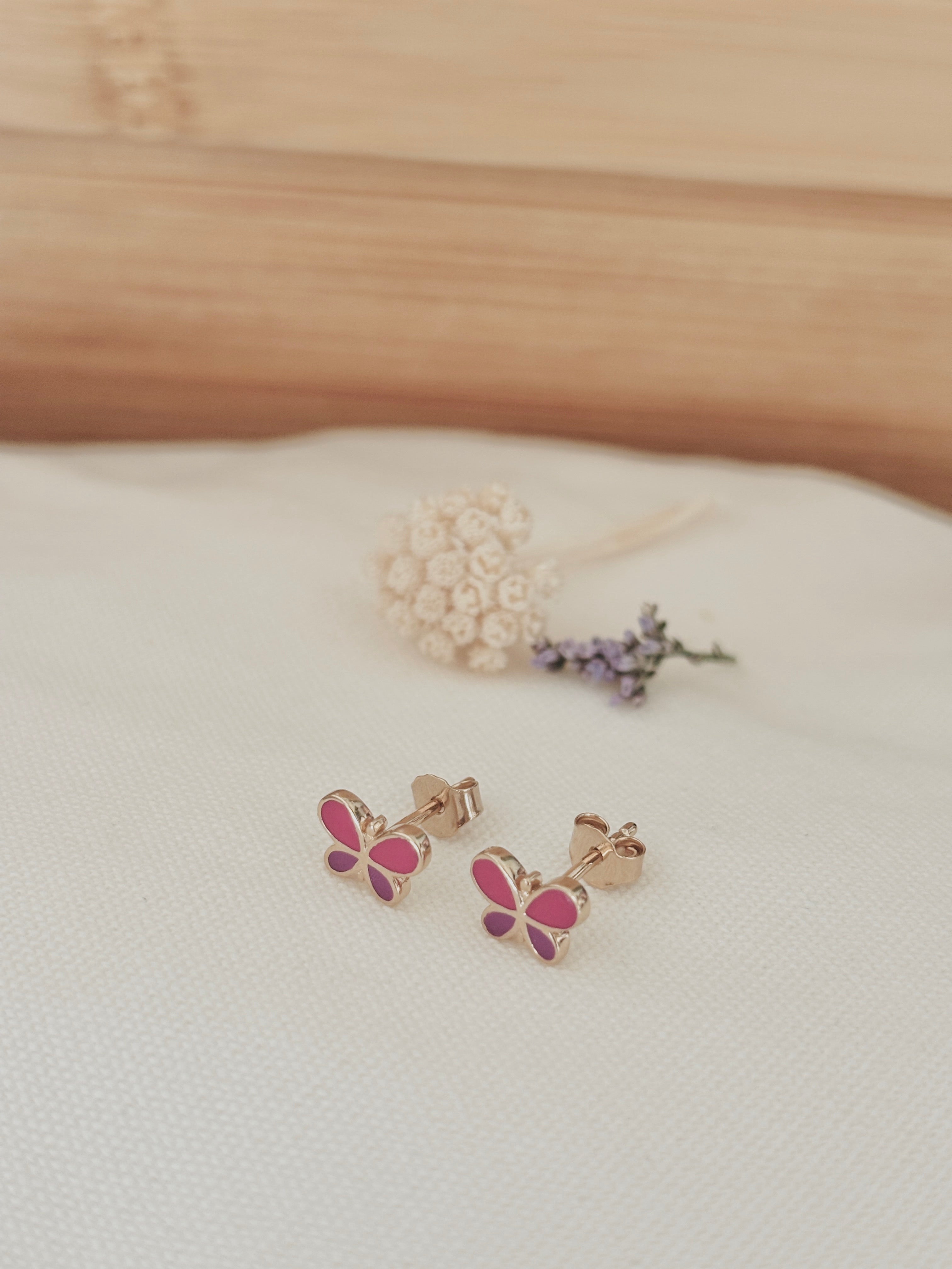 Boucles d'Oreilles Puces Papillon Rose Ninon Plaqué Or
