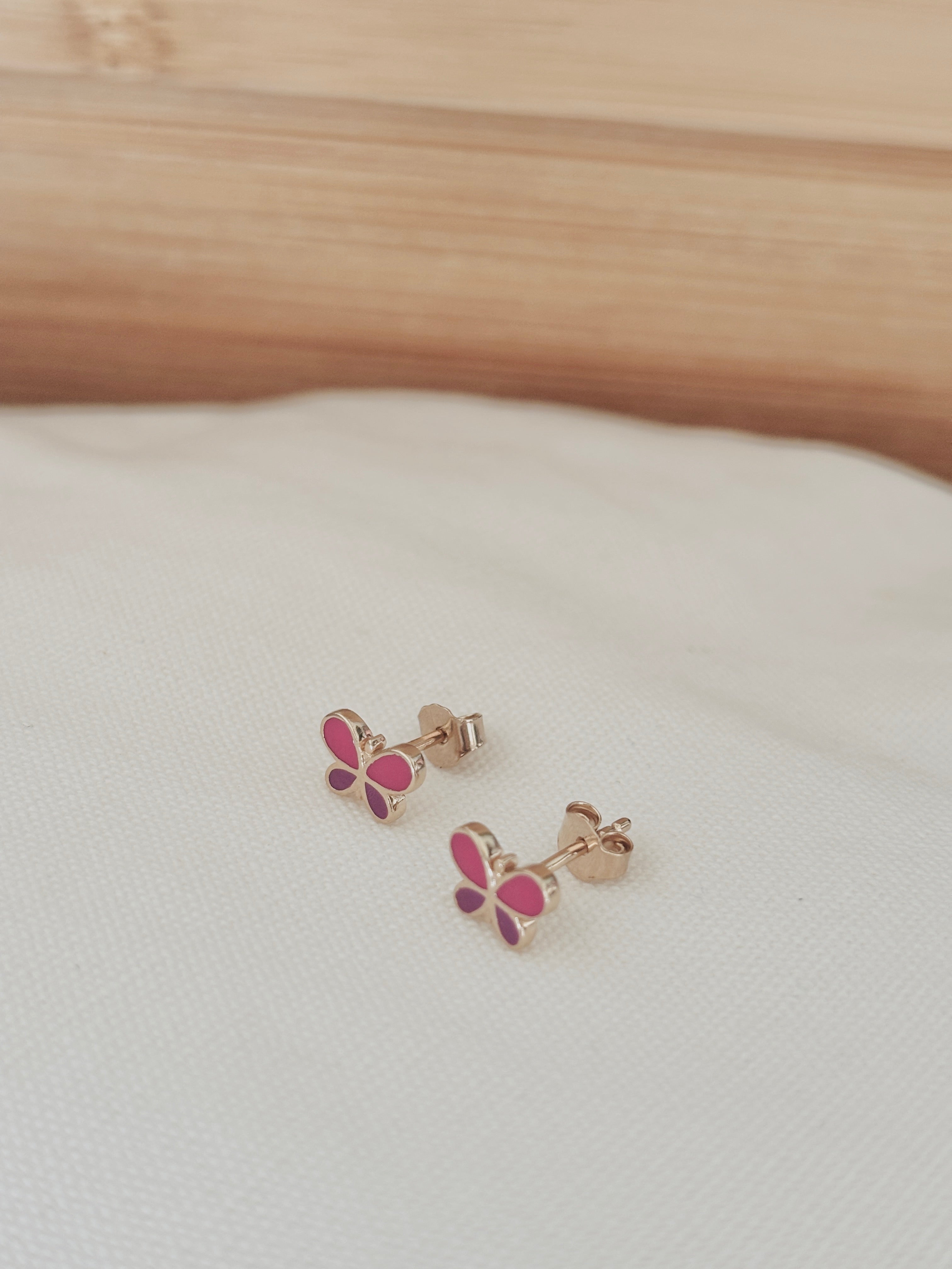 Boucles d'Oreilles Puces Papillon Rose Ninon Plaqué Or